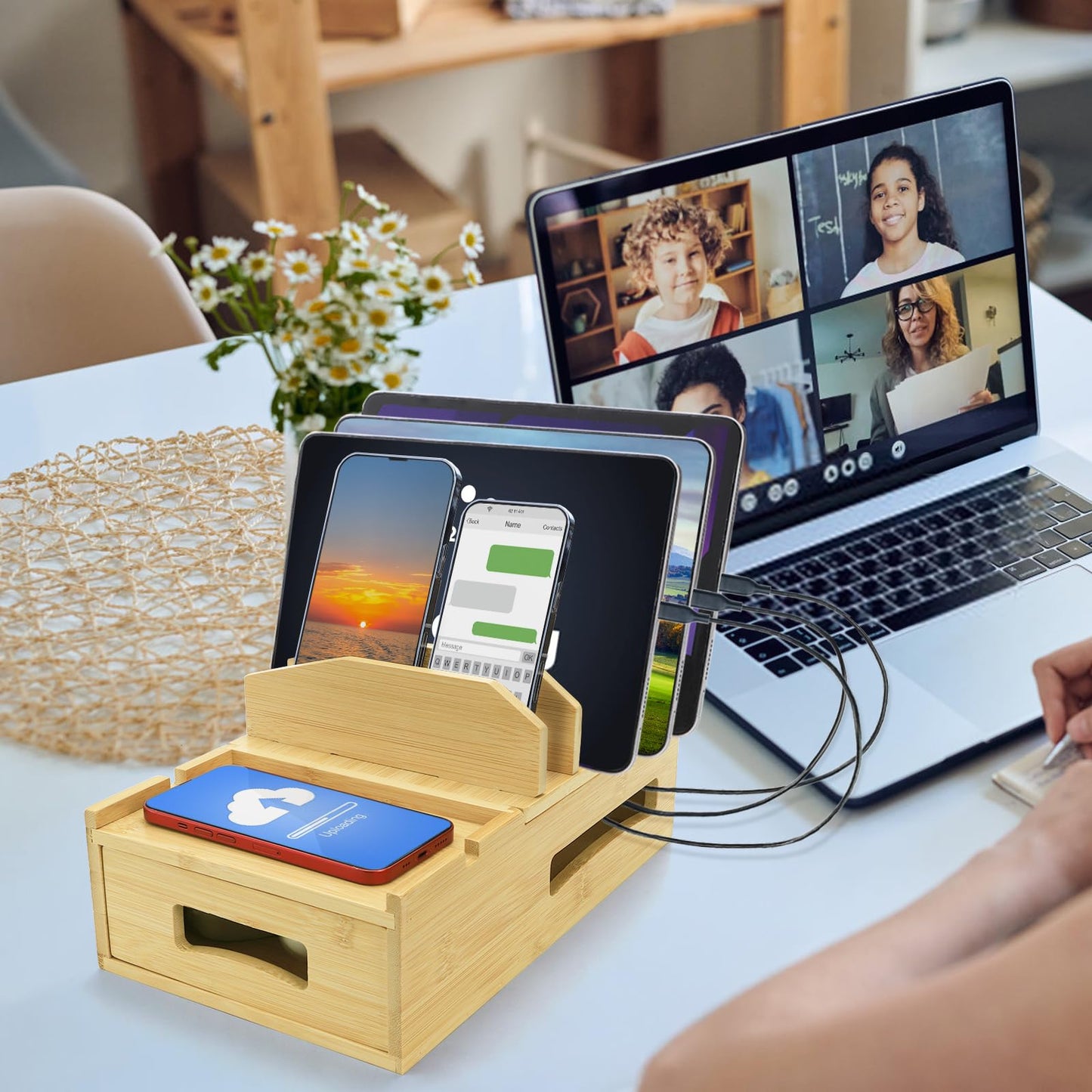 ZOOFOX Bamboo Charging Station for Multiple Devices, Desk Docking Station with Removable Divider Slots and Drawer, Bedside Charging Station Compatible with Smartphone, Tablet, Laptop, Earphone