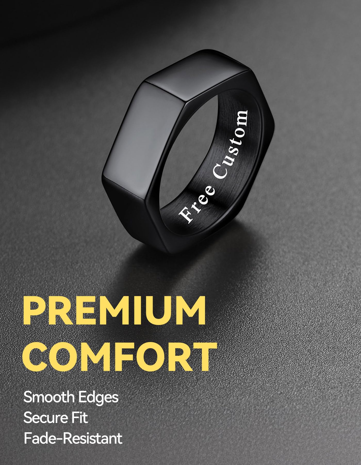 ChainsHouse Personalized Engravable Stainless Steel Black Hexagon Geometric Biker Ring Bands, Size 9