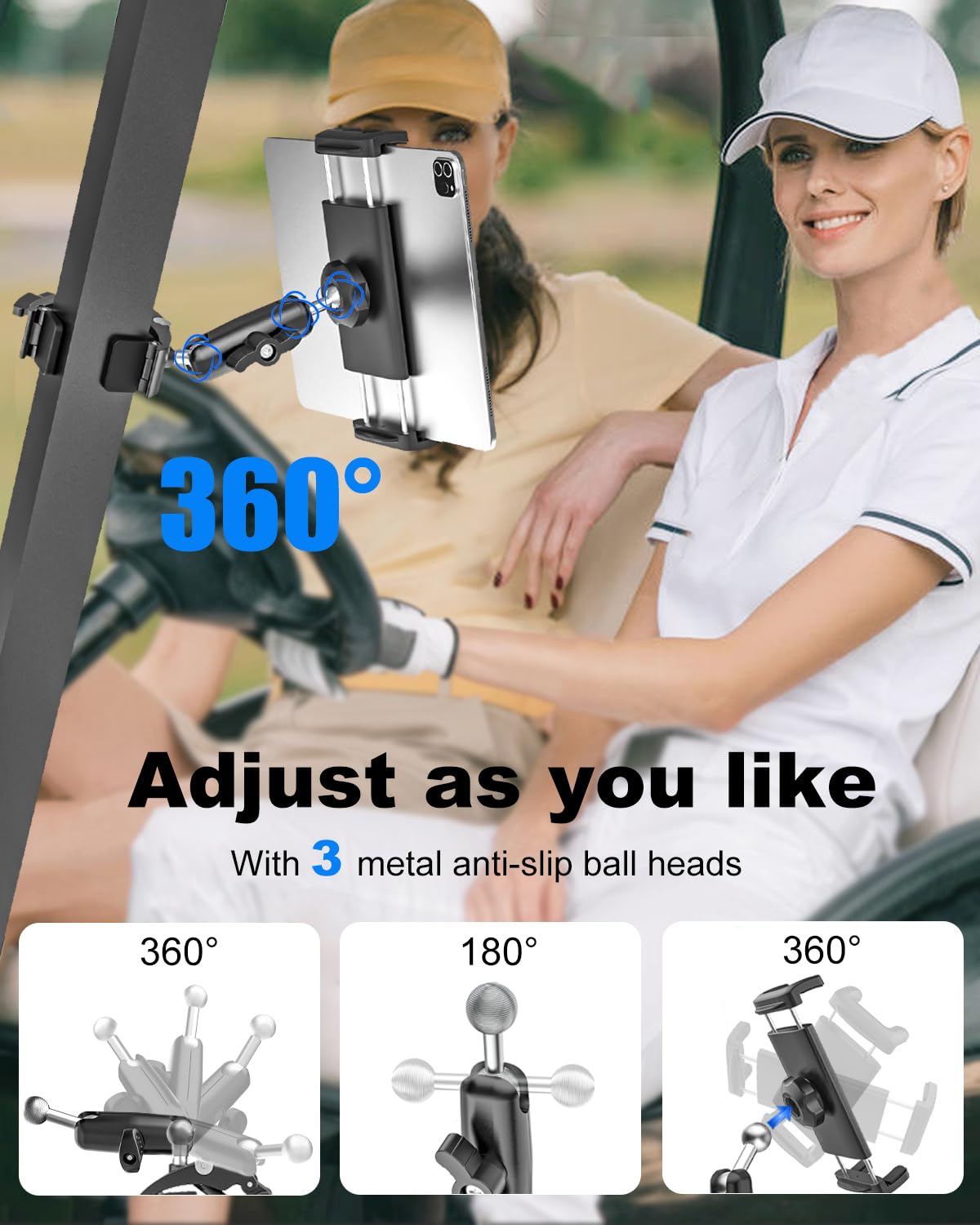 Kolasels Clamp Tablet Holder & iPad Clip for Square and Round Tubes, Heavy Duty Metal Tablet Mount for Golf Carts, Tractor, Excavator, Bulldozer, Loader, Crane, Forklift, Boat, Fit for 4-13" Devices