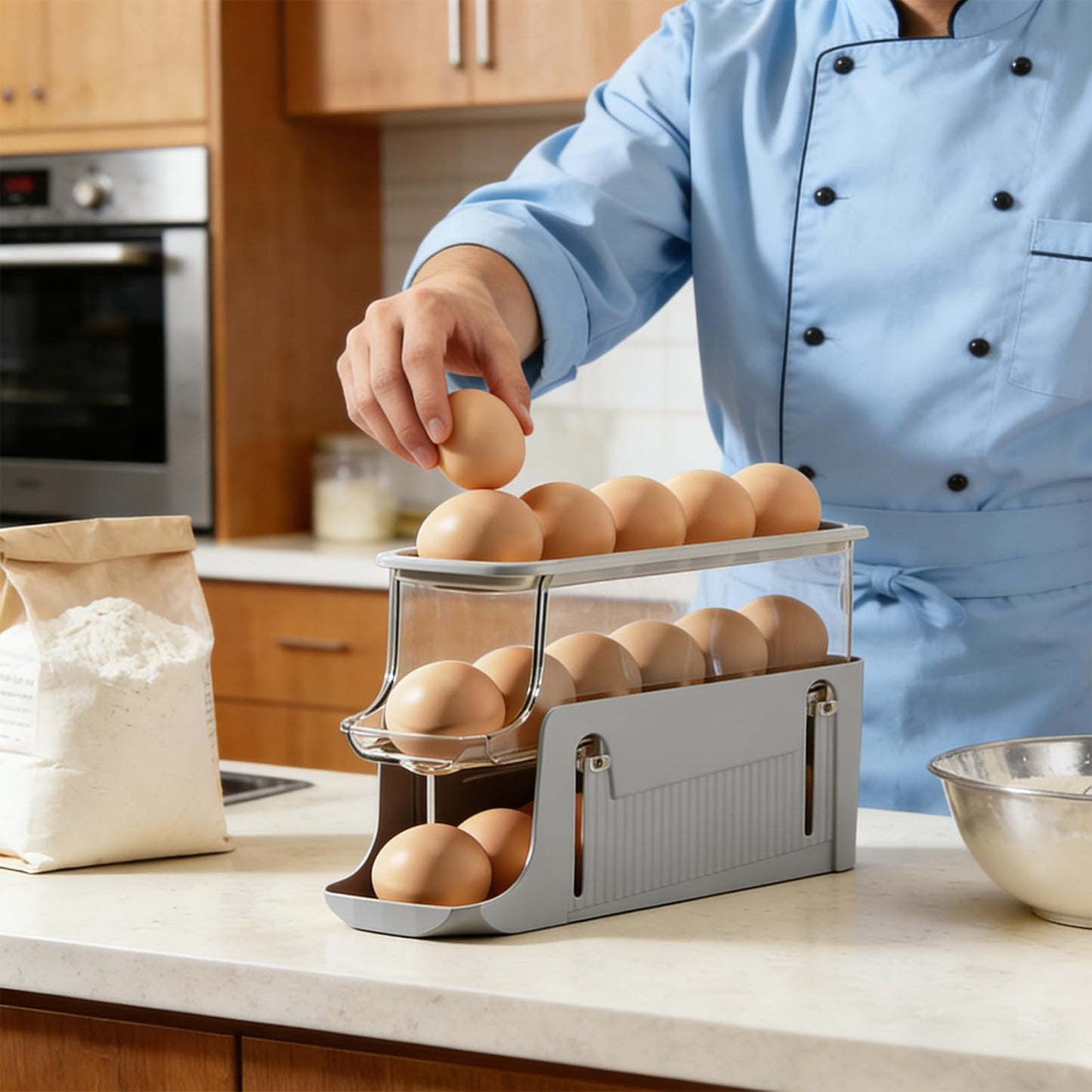 Printe Egg Holder for Fridge, Rolling Egg Holder for Refrigerator, Automatic Egg Dispenser Organizer, Egg Storage Container Rack for Refrigerator Countertop, Space Saving Fridge Organizer （Grey）