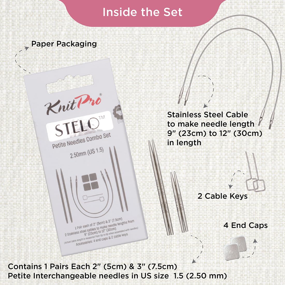 KnitPro Stelo Petite Interchangeable Needle Combo Set 2" (5cm) & 3" (7.5cm) | US 1.5 (2.5mm)