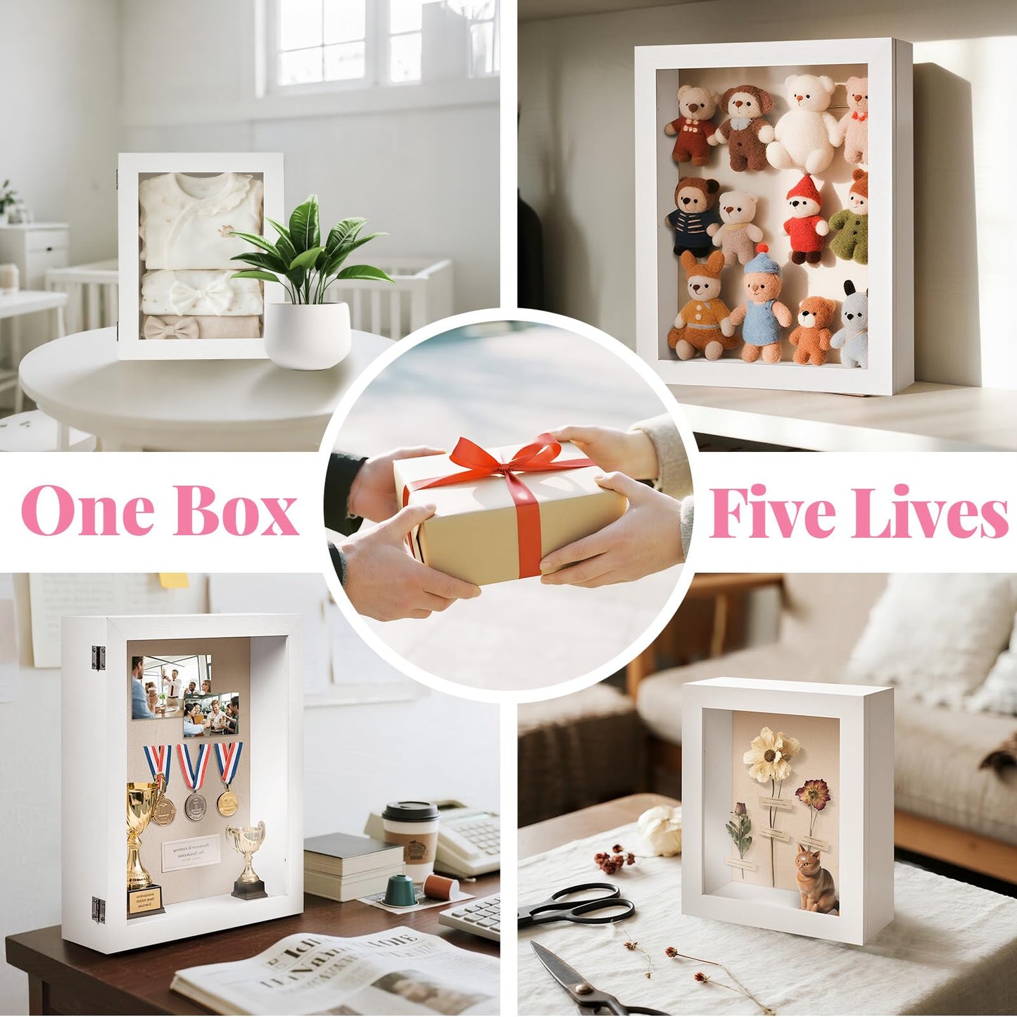 HOUSE DAY Shadow Box Frame 8x10, Front Open Magnetic Shadow Boxes Display Cases with Linen Back, Pins, for Photos or 3D Itmes Under 6x8, Tabletop or Wall Mount Display Case for Memorabilia, White
