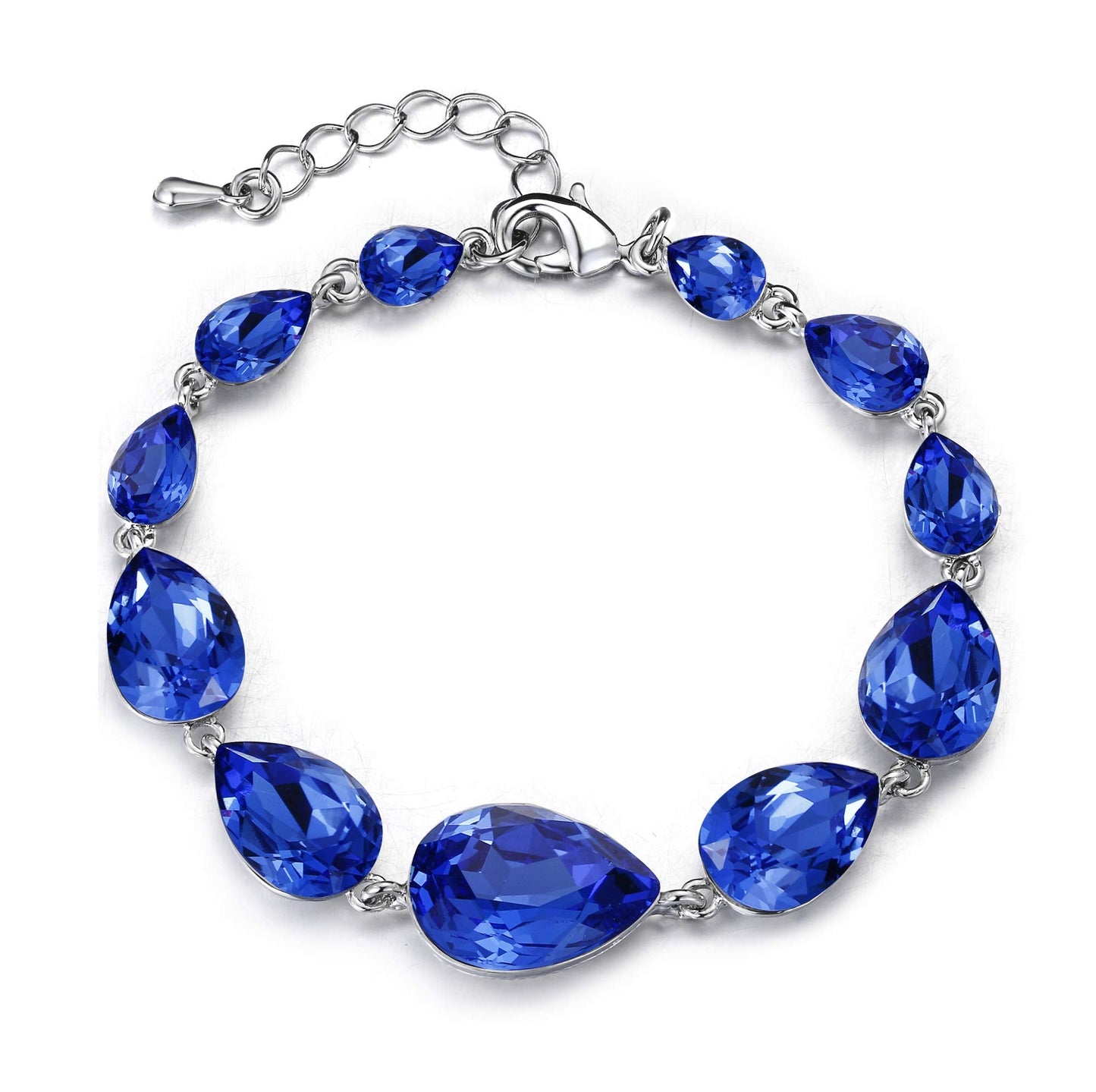 BriLove Wedding Bridal Bracelet for Women Shiny Bling Crystal Multi Teardrop for Party Prom Royal Blue Sapphire Color Silver-Tone