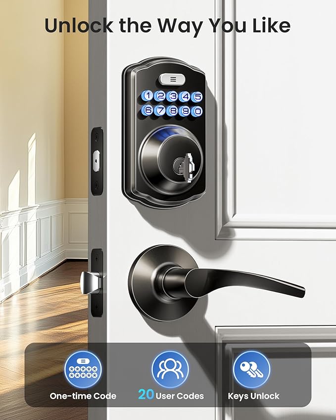 Veise Keyless Entry Door Lock with 2 Lever Handles - Electronic Keypad Deadbolt, Easy Installation Digital Smart Front Door Lock Set, Matte Black