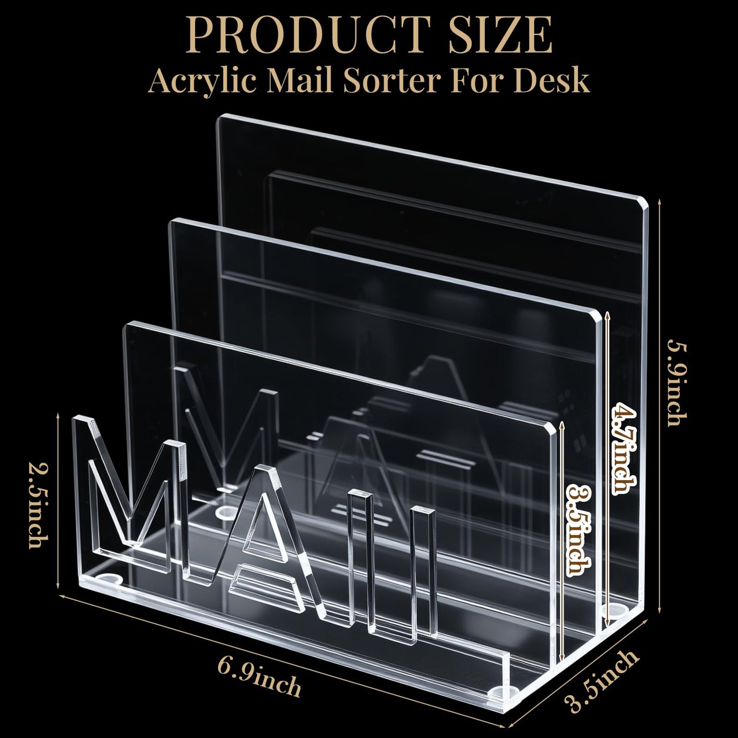 Vercraft Acrylic Mail Holder Countertop, 3-Slot Clear Mail Organizer with Cutout Lettering Design, Desktop Letter Sorter for Office Home Desk, Envelope File Document Storage