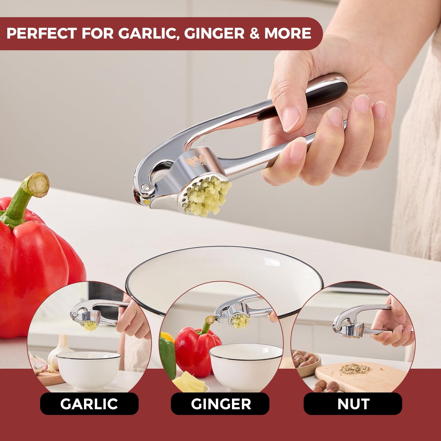 SAFI Garlic Press Set - Premium Zinc Alloy Garlic Mincer Efficient Garlic Crusher & Presser Heavy-Duty Rust-Proof Garlic Masher Kitchen Tool With Garlic Peeler & Brush Home & Kitchen Essential Gadgets