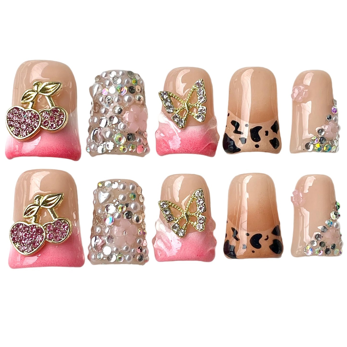 Handmade Press on Nails Short Duck Shape - Leopard Print & Full Diamond Cherry Design, Pink Acrylic Reusable False Nails with Gold Leaves & Butterfly, Unique 3D Nail Art Set (Jewel Orchard, M)