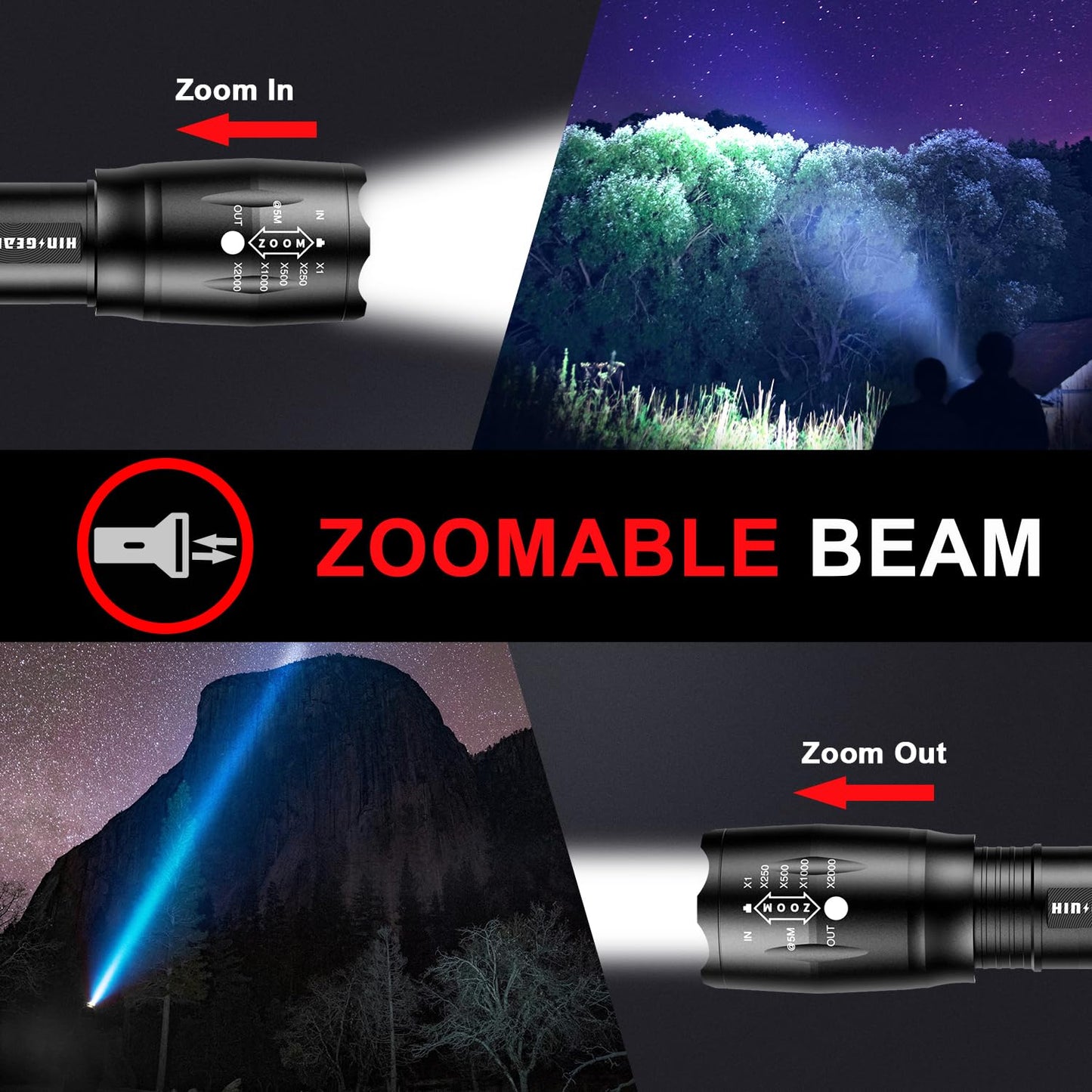 HinsGEAR 1 Mode Flashlights 4 Pack, Bright Zoomable LED Tactical Flashlight High Lumens, Water Resistant Portable Pocket Flash Light for Emergency, Camping Essentials, Gift - SL2000