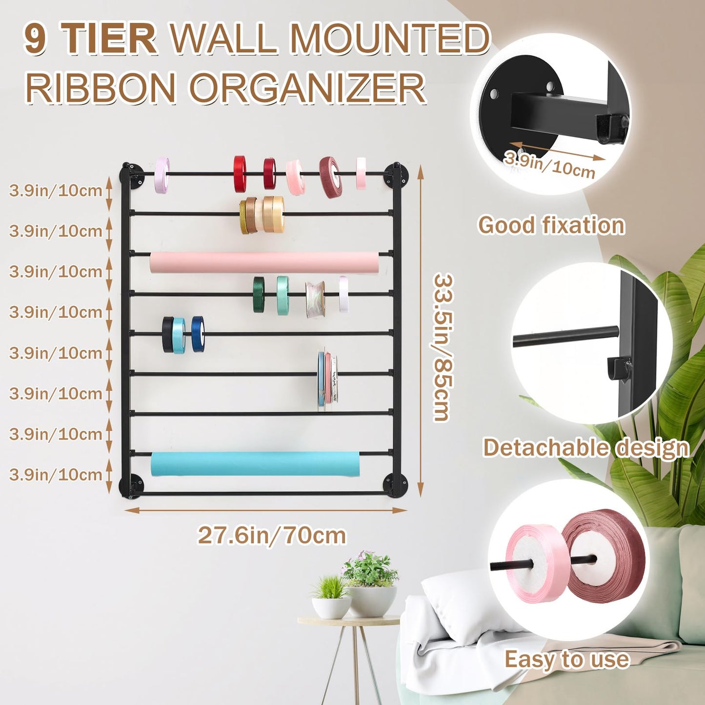 Menkxi 9 Tier Wall Mounted Ribbon Organizer Metal Ribbon Holder Organizer Rack Wrapping Paper Storage for Sewing Craft Mesh Thread Tape Wreath Crochet Craft Room Flower Shop(Black)