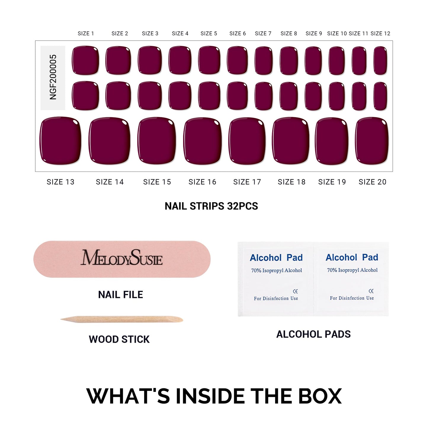 MelodySusie 32Pcs Semi Cured Gel Toe Nail Strips (Wine Red), Pedicure Stickers for Toes, Works with Any UV/LED Lamps, Salon-Quality, Long Lasting, Easy to Apply & Remove
