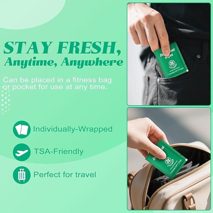 Travel Deodorant Wipes Individually Wrapped,Body Wipes to Clean Skin for Women Men（Cucumber,pack of 200)