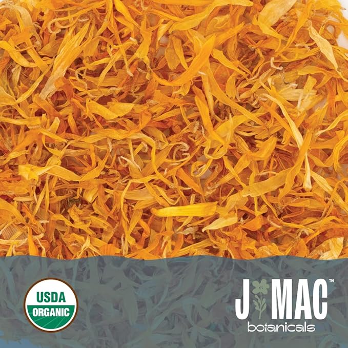 J Mac Botanicals, Organic Calendula Petals (4 oz) edible dried flowers, pairs well with rose petal for ice cubes, cooking, beverages, and bath bombs