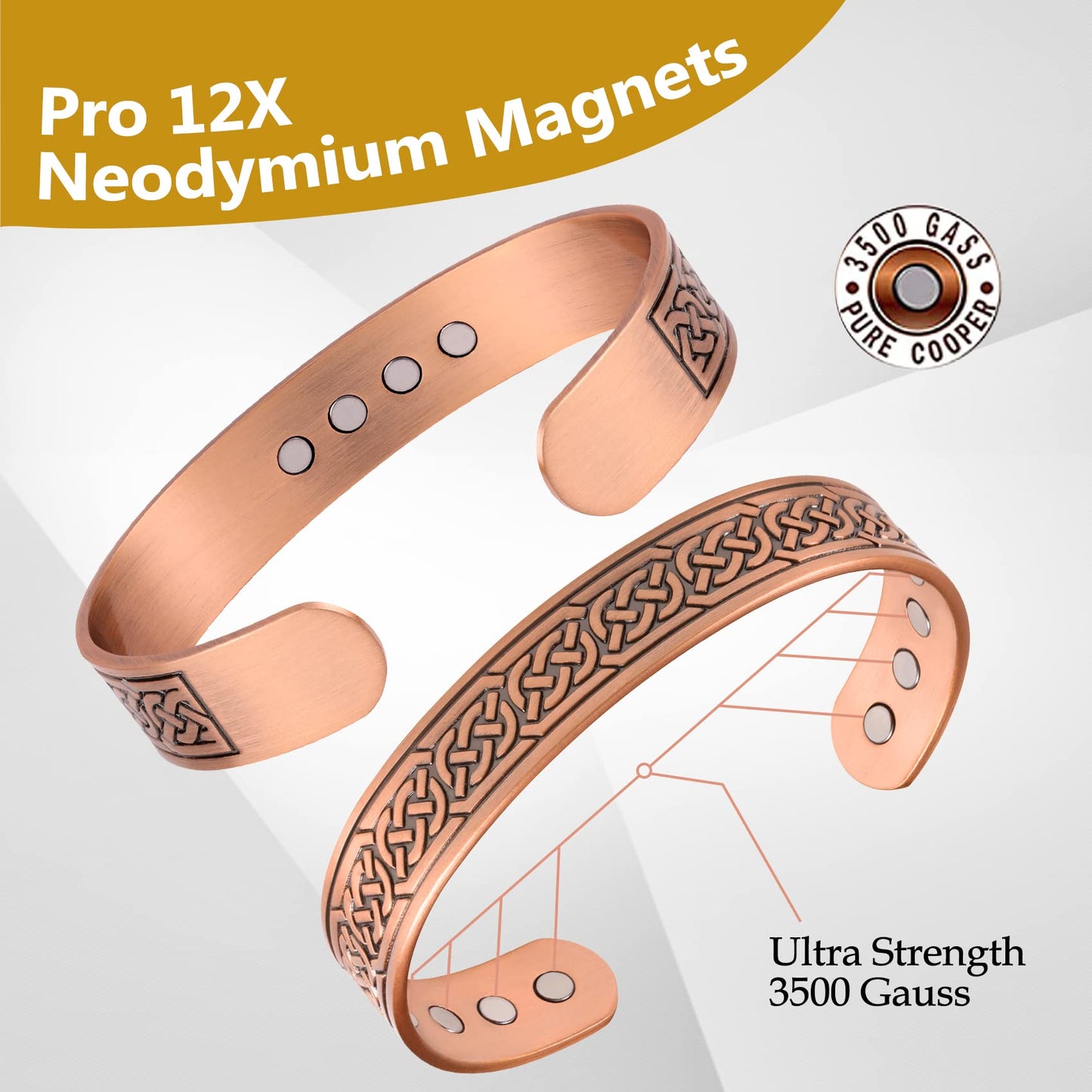 Feraco 12X Strength Wide Copper Bracelet for Men Magnetic Bracelets for Men with Neodymium Magnets, Pure Copper Jewelry Cuff Bangle, Adjustable with Giftable Box (Chain)