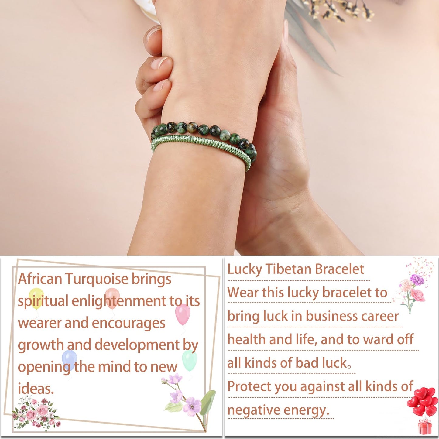 LPBeads 6mm African Turquoise Bracelet with Handmade Rope Bracelet Size Adjustable Natural Stone Crystal Healing Bracelets Gifts for Unisex Adults