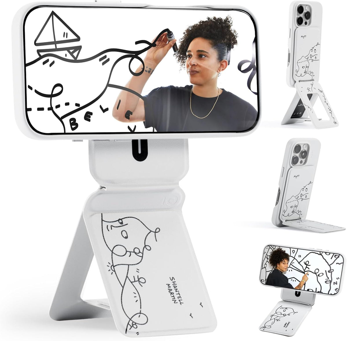 MOFT x Shantell Martin Phone Tripod Stand Selfie Stick for iPhone, Multi-Angles iPhone Stand, Lightweight & Portable Phone Holder, Strong Magnets, MOVAS Vegan Leather, Misty Cove (Without Card Slot)