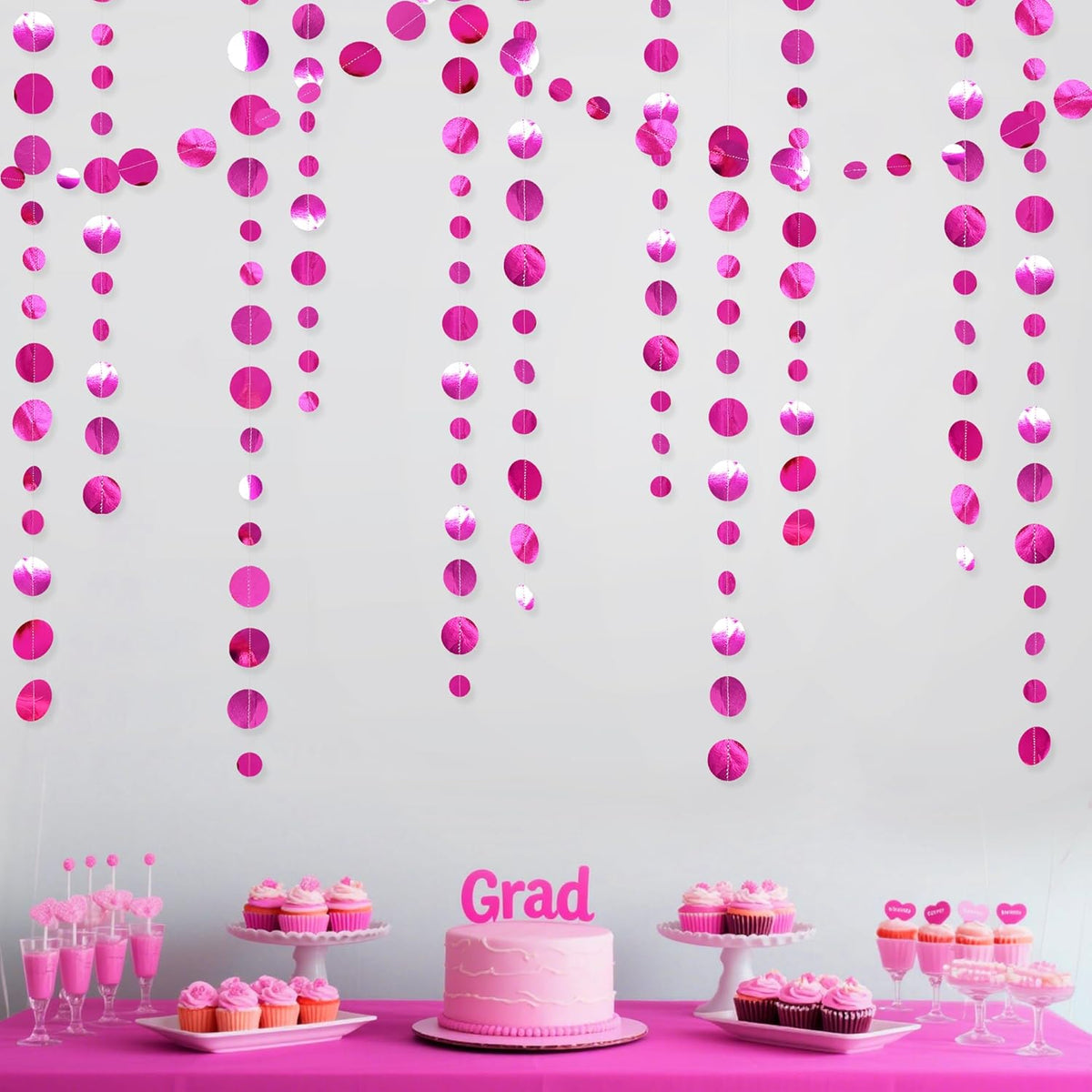 Hot Pink Party Decorations Circle Dots Garland Metallic Rose Pink Hanging Paper Polka Dots Streamer for Bachelorette Birthday Engagement Wedding Bridal Shower Anniversary Baby Shower Party Supplies