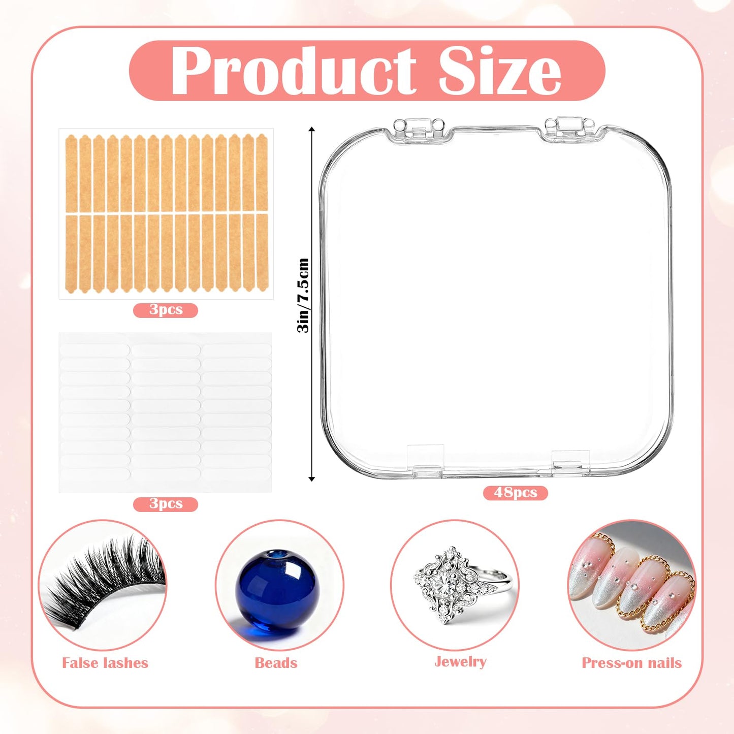 48 Pack Press On Nail Storage Box Clear Acrylic Nail Organizer Display Case with 180 Adhesive Double Sided Tape for Fake Nails, Nails Packaging Supplies