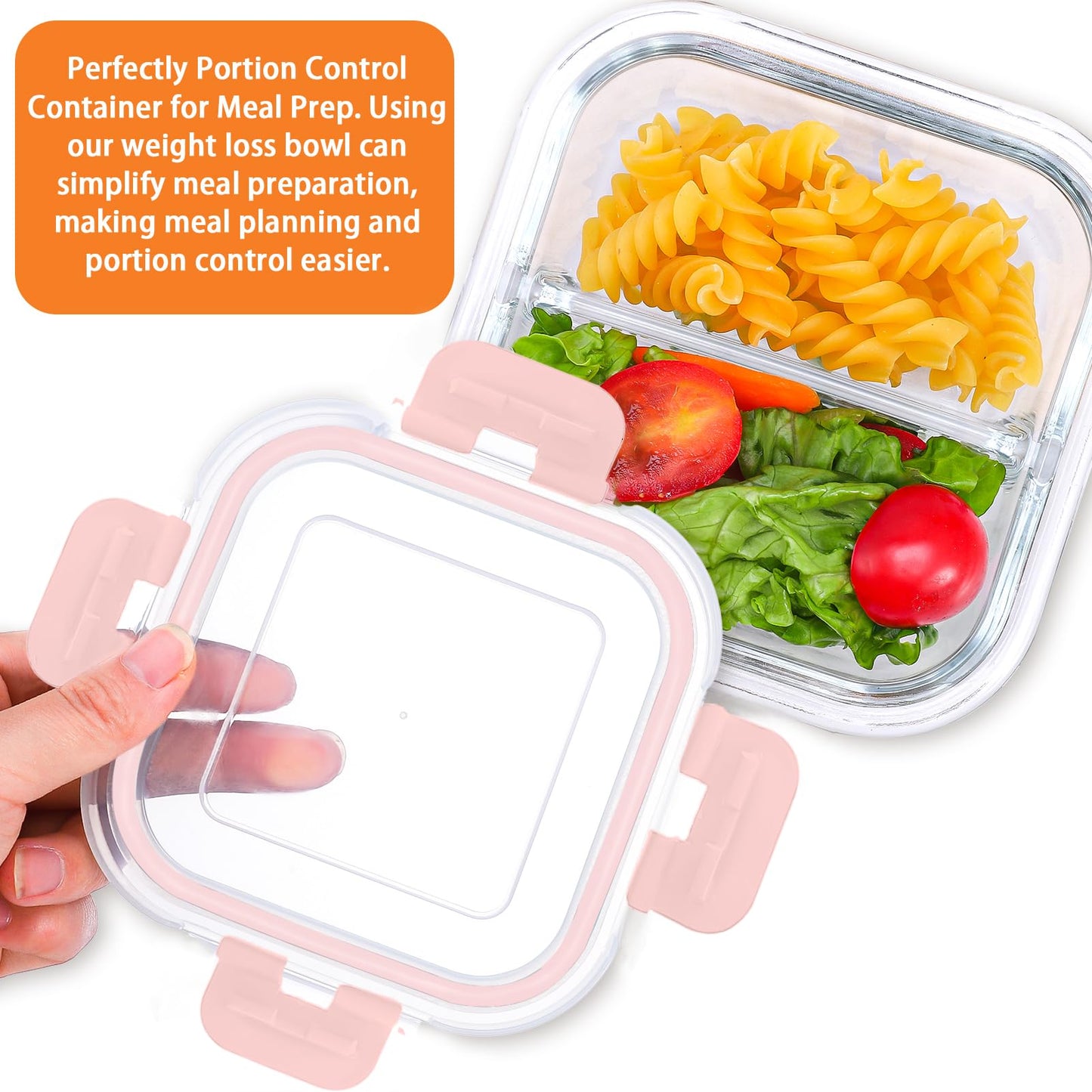 Nafhone Bariatric Meal Prep Containers, 8 oz Bariatric Portion Control Food Storage Containers with Two 4 oz Compartments (3 Pack), Reusable Glass Snack Containers with BPA Free Airtight Lids (Pink)