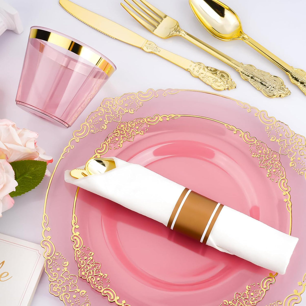 350 PCS Burgundy and Gold Plastic Plates, Disposable Dinnerware Set for 50 Guests, 100 Disposable Plates, 150 Silverwares, 50 Cups, 50 Napkins for Wedding, Party, Graduation