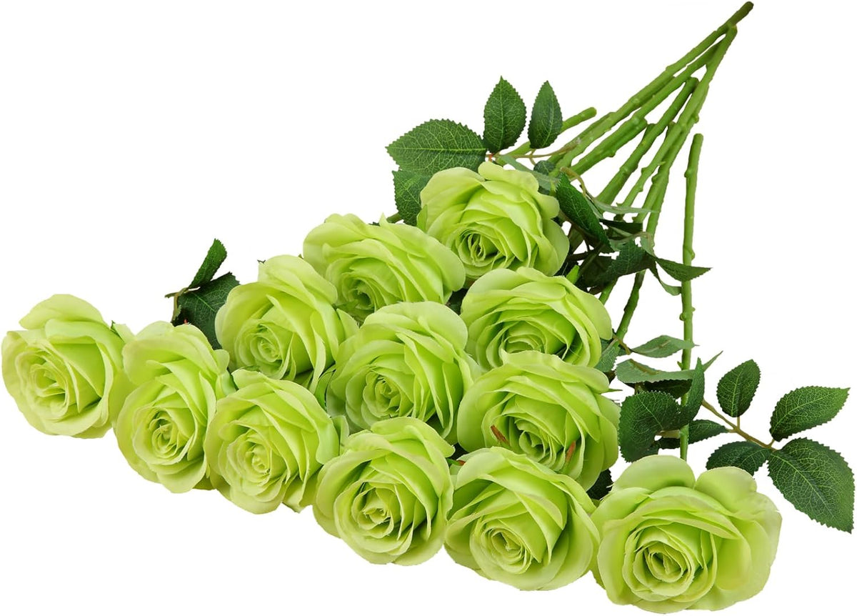 12pcs Roses Artificial Flowers Fake Roses Green Silk Roses White Silk Flowers Rose with Long Stems for Wedding Home Party Centerpieces Decorations