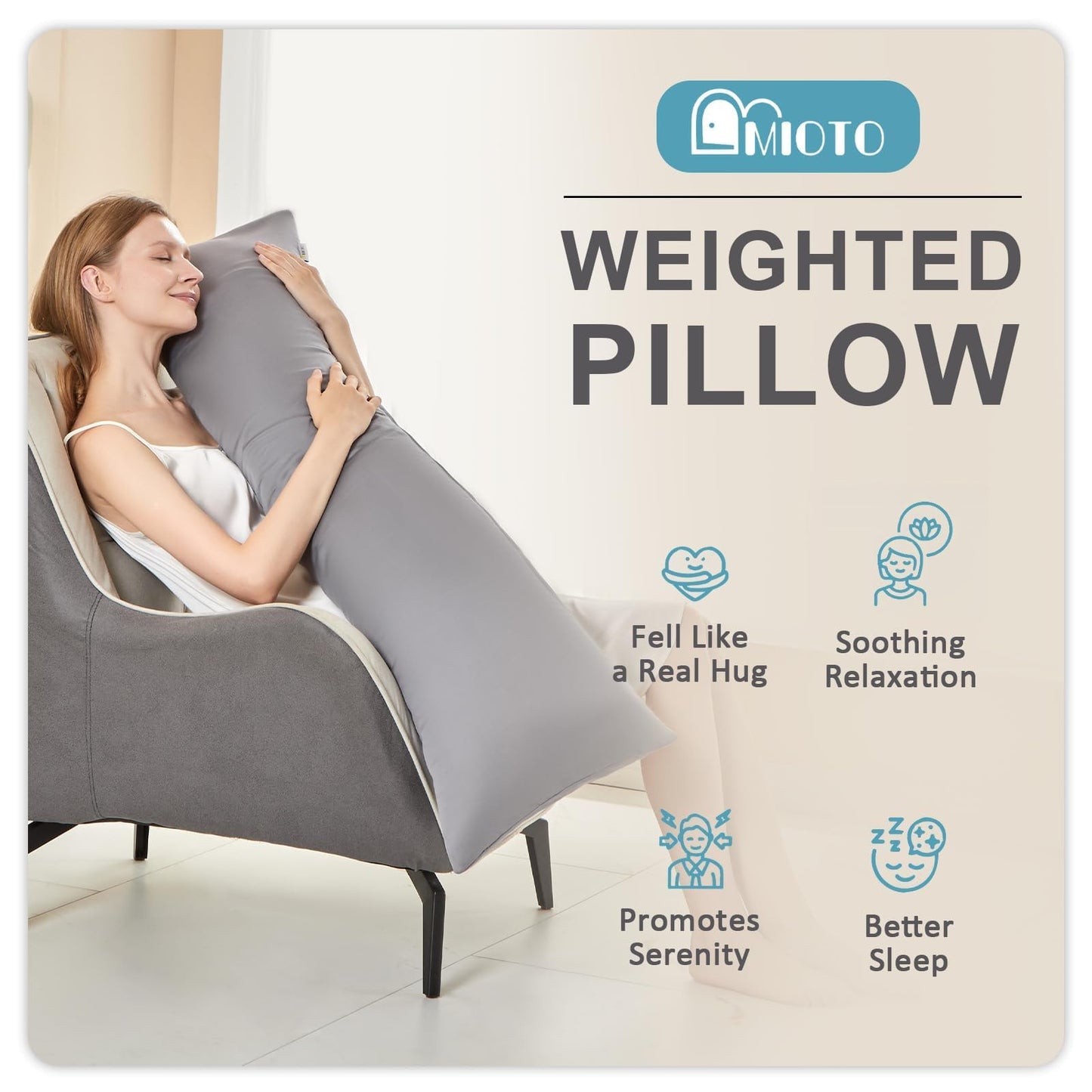 MIOTO Cooling Weighted Body Pillow with Tencel Cover（48" x 14"） 8.5lbs - Quilted Glass Beads Body Pillows for Better Sleep, Weighted Pillow for Adults, Long Pillow for Bed, Ideal Side Sleeper Pillow
