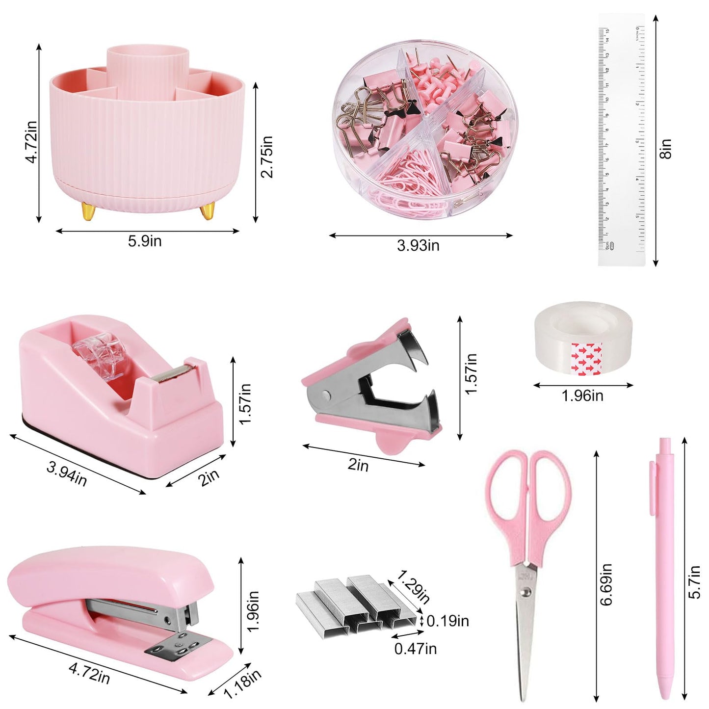 Gawsey Pink Desk Organizers and Accessories Set with 360-Degree Rotating Pen Holder, Tape Dispenser, Stapler, Staple Remover, 1000 Staples, Tape, Clips Set, Ruler, Scissor, Pen