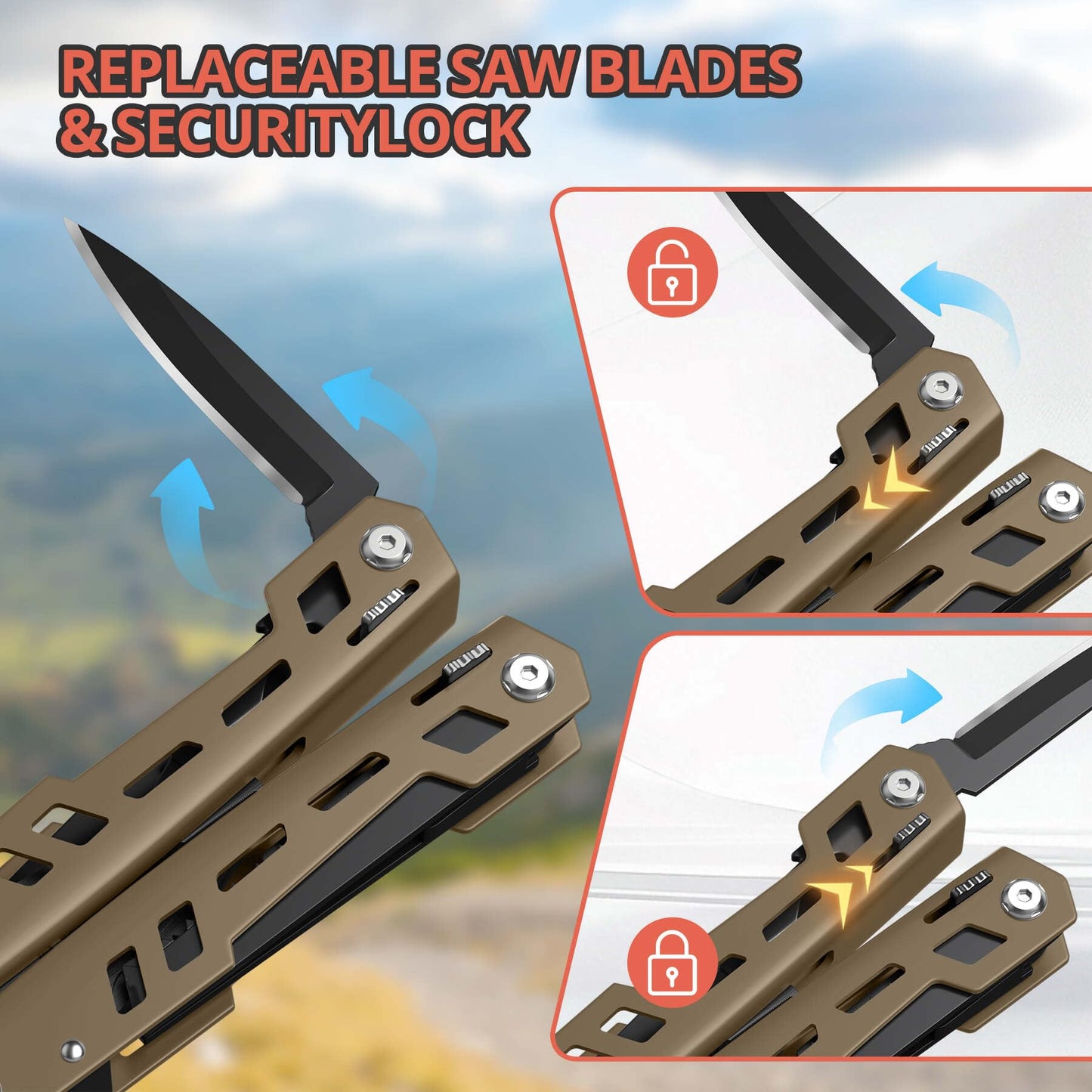Multitool 17-in-1 Stainless Steel Multi Tool with Pocket Knife Needle Nose Pliers Bottle Opener Screwdriver Self-Locking Professional Multi-Tool for Outdoor Survival Gifts for Men(Brown)