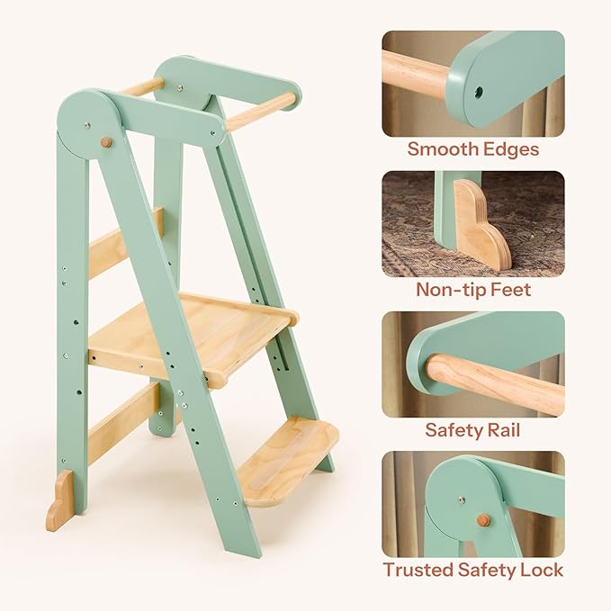 HARPPA Nordi Foldable Toddler Kitchen Tower, Montessori Kitchen Stools Helper, Standing Tower with 3 Adjustable Heights, Suitable Age for 2-6 Years, Sage