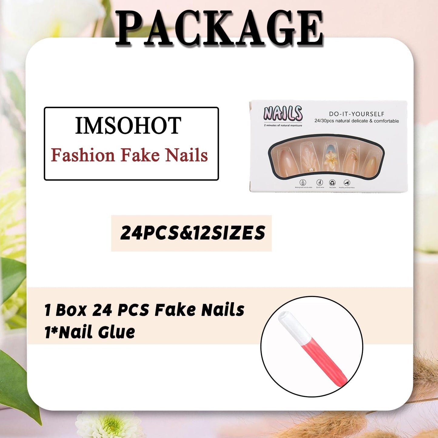 IMSOHOT Press on Nails Medium Almond, Blue Yellow French Nail Tips, Full Cover Handmade Acrylic False Nails with 3D Flower Designs, Reusable Fake Nails for DIY Manicure in 24 Pcs