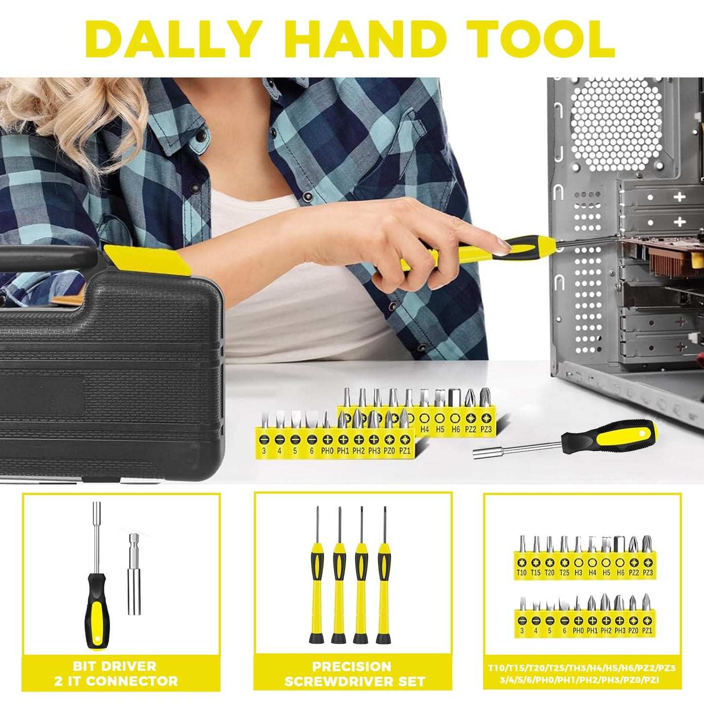 39 Piece Tool Set General Household Tool Kit - Basic Home Tool Set Small Hand Tool Kit with Plastic Toolbox Storage Case for Home Garage Office College Dormitory Use Yellow