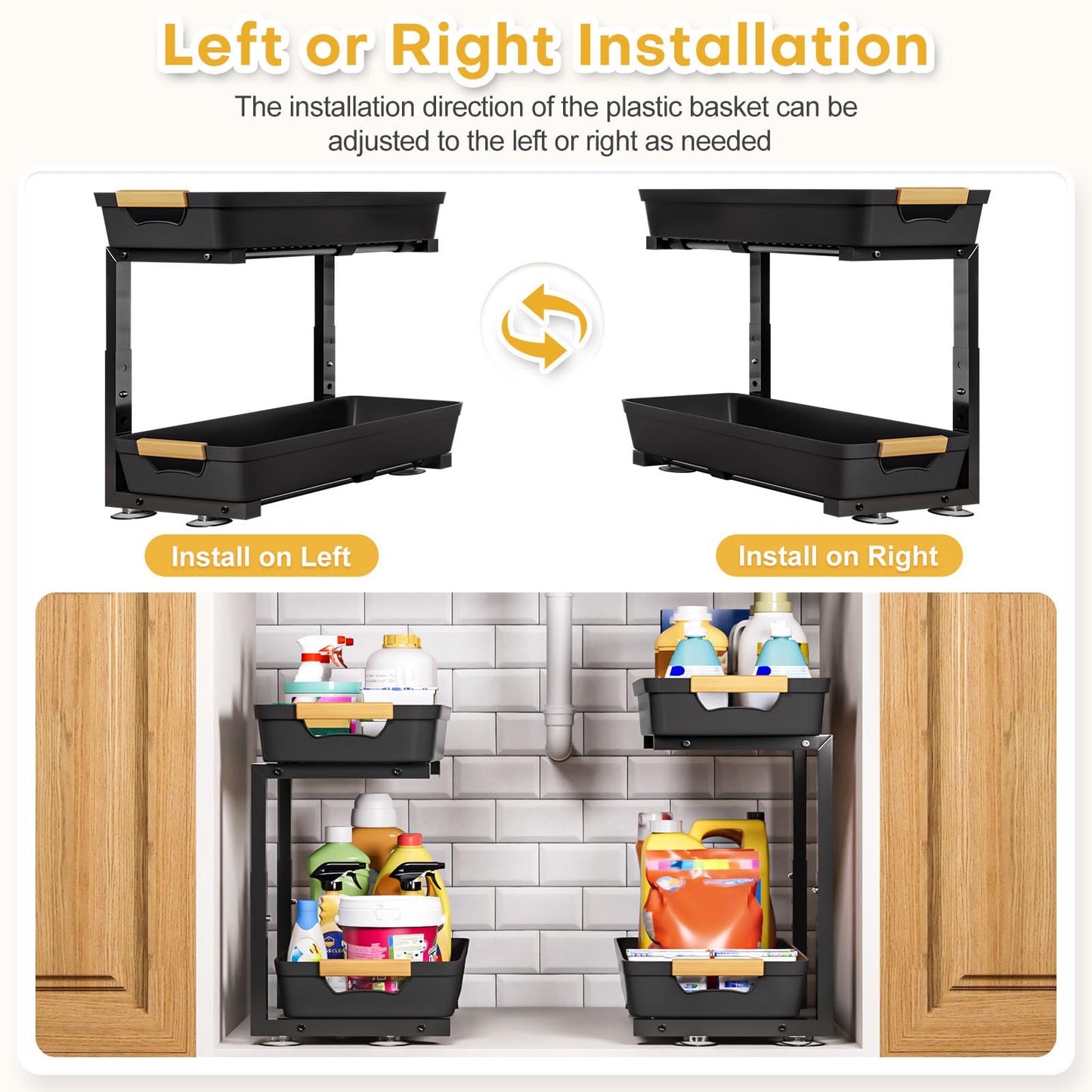 Homde 2-Tier Under Sink Organizer: 2pcs Set Adjustable Pull Out Drawer Undersink Cabinet Storage Rack for Home Kitchen Bathroom