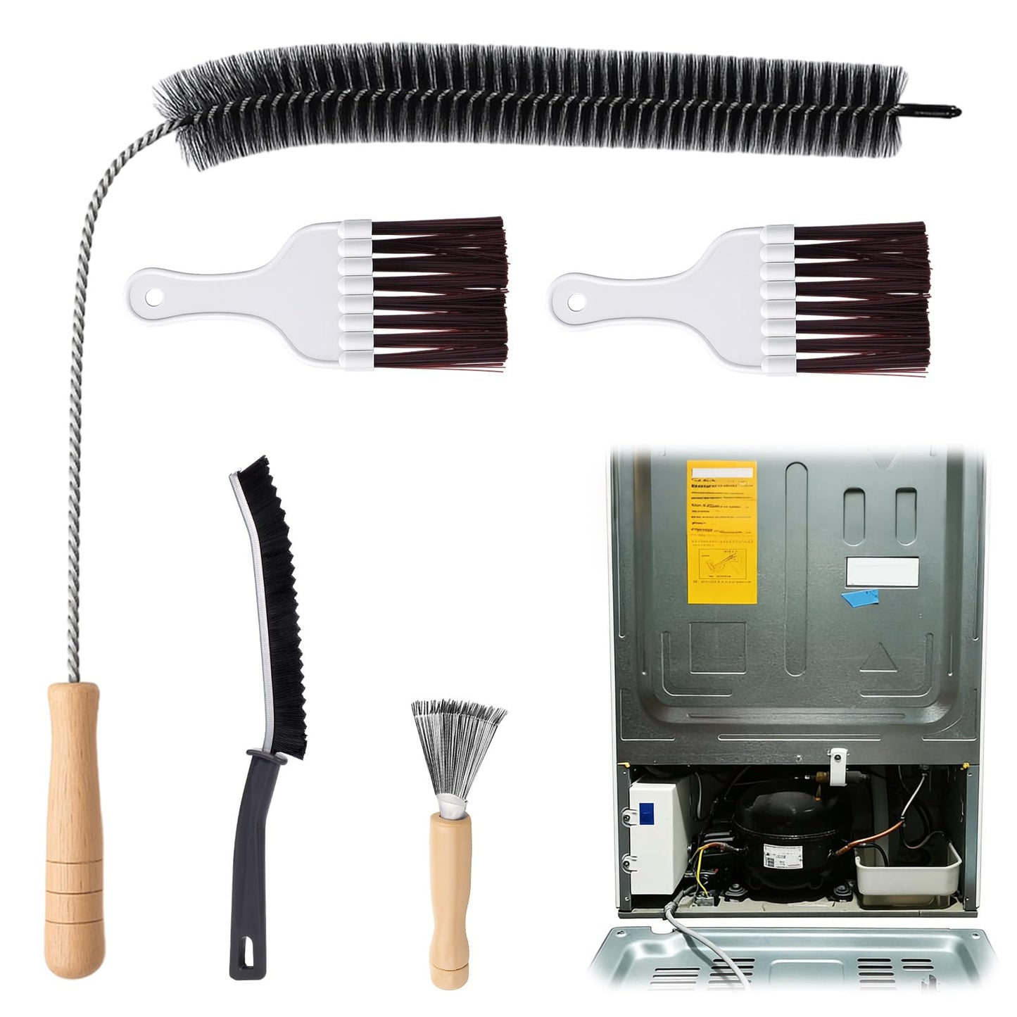 XANGNIER Refrigerator Coil Cleaning Brush Kit,5 Pack Fridge Coil Cleaner Tools Accessories,Sewer Drain Cleaner Brush for Toilet,Sink, Dryer Vent,Pipe,Shower,Appliance,Long Flexible Drain Brush