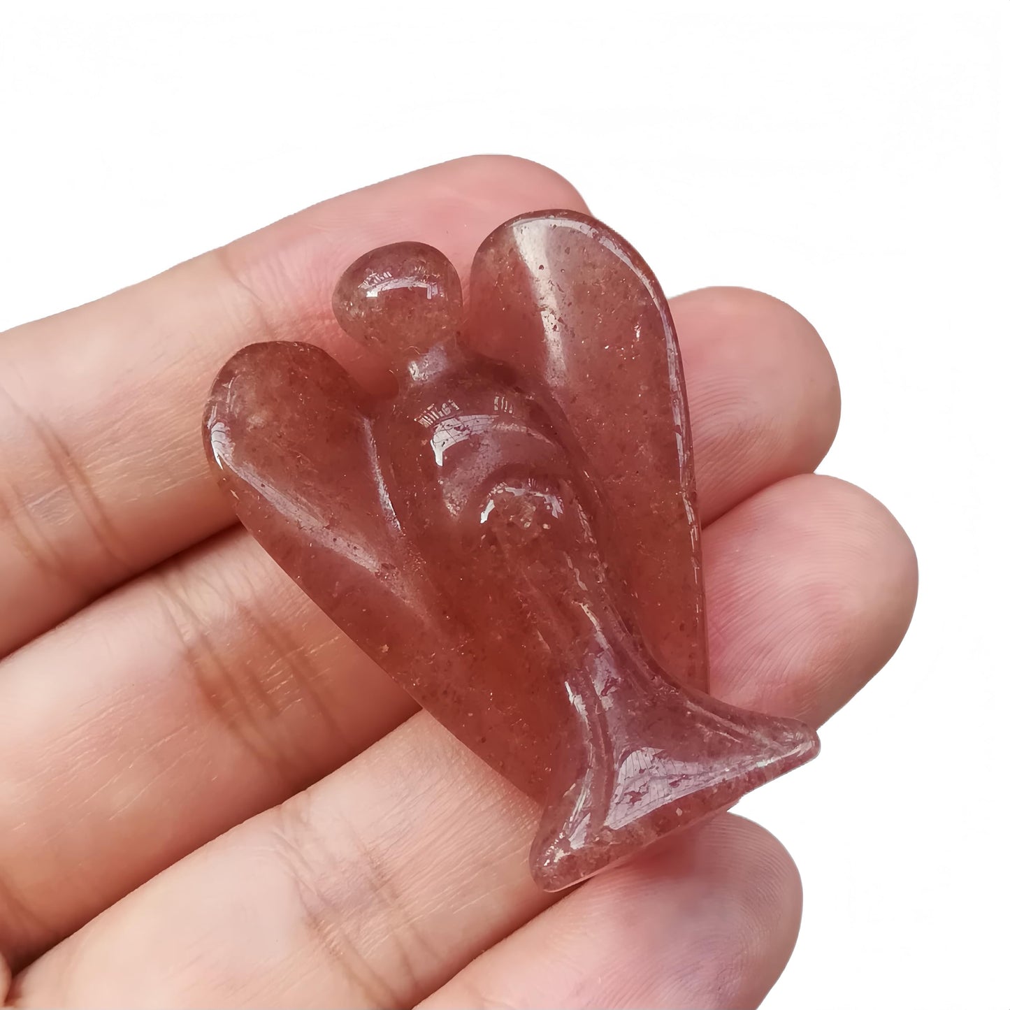 Afucats Natural Strawberry Quartz Healing Guardian Angel Indoor Decorative Stone,1.5 Inches Carving Pocket Palm Statue,Gift for Her Christmas Décor