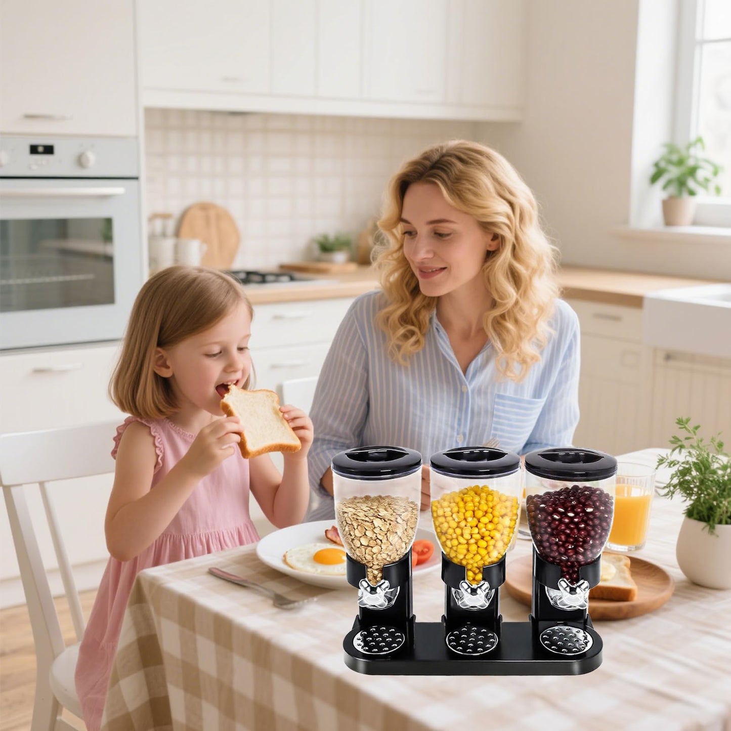 ENIPEDITA 1 Pcs Triple Indispensable Dry Food Dispenser with Cup Black Cereal Storage Container 67oz Each Capacity for Kitchen Rice Nuts Cereal Snack Gumball Candy Dog Food