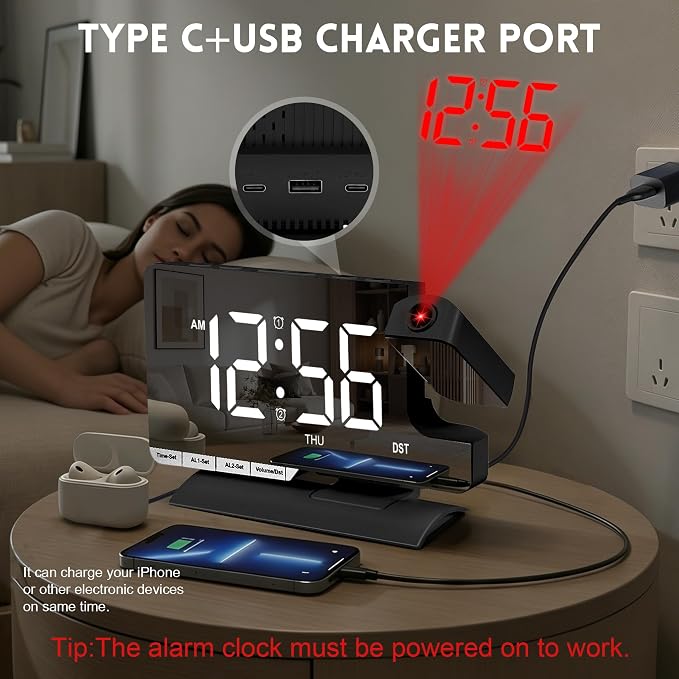 Projection Clock,Alarm Clocks for Bedrooms,7.3" Bedside Clock