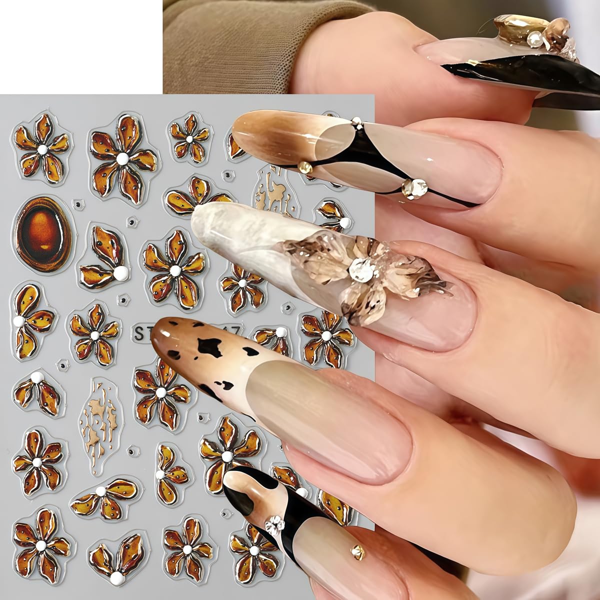 3 Sheets Flower Nail Art Stickers Decals 5D Self-Adhesive Nail Decals Spring/Summer Floral | Bow Designs, Self-Adhesive Decals for Women's Nail DIY Decoration