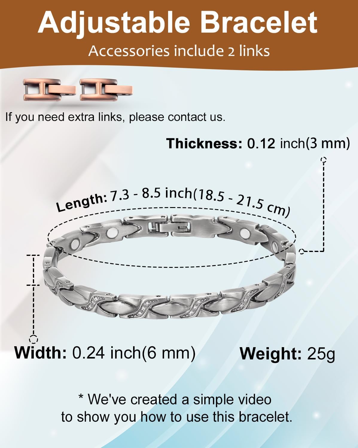 MagVIVACE Pure Copper Bracelets for Women, with 2 Extra Link(Copper&Silver)