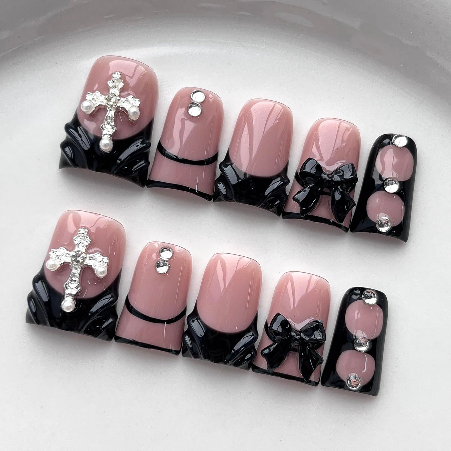 French Tip Press on Nails Handmade Short Duck 3D Thick Acrylic Nails Black False Nails with Bow Water Ripple Rhinestones Designs Gothic Glossy Fake Nail Sturdy Art Press on Nail 10Pcs(M)