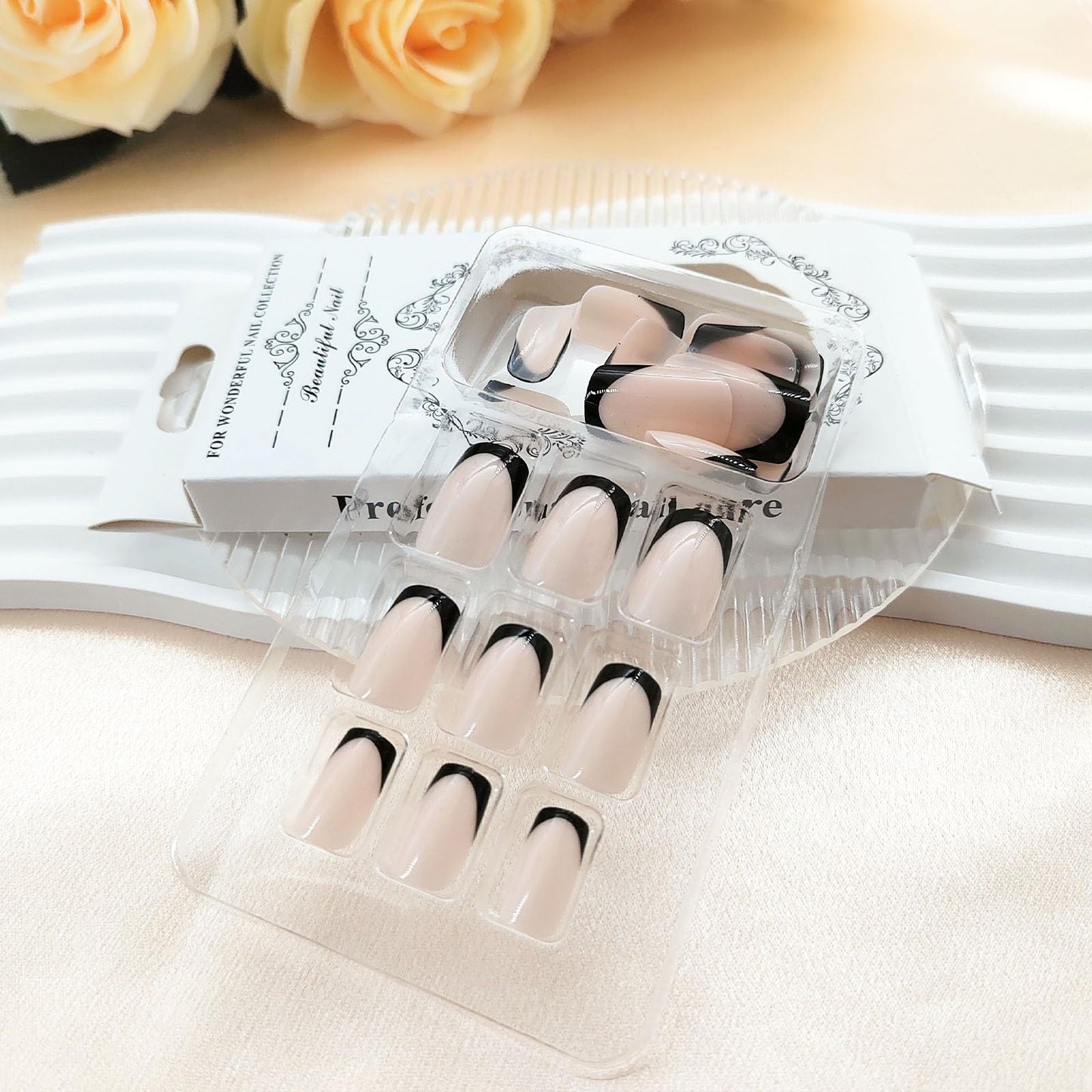 Black French Tip Press on Nails Short Medium Fake Nails Nude Full Cover Glue on Nails Acrylic Nails Press ons Square Stick on Nails for Women Girls Manicure 24 Pcs