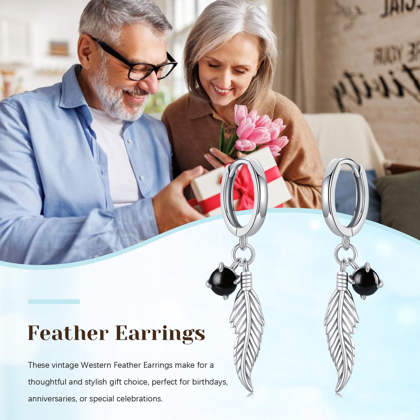 Feather Black Onyx Earrings 925 Sterling Silver Black Onyx Dangle Drop Earrings Feather Jewelry Bohemian Gifts for Women