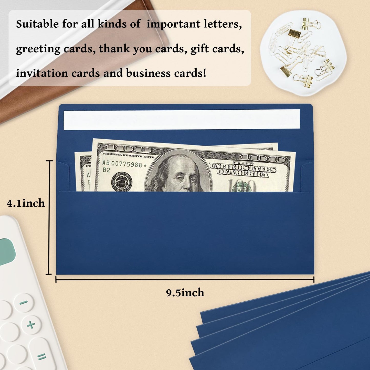 100 Pack #10 Business Envelopes, Navy Blue Standard Envelopes Self Seal, Letter Size Mailing Envelopes for Checks Letters Invoices Statements Birthday Graduation Wedding,4 1/8 x 9 1/2 Inch