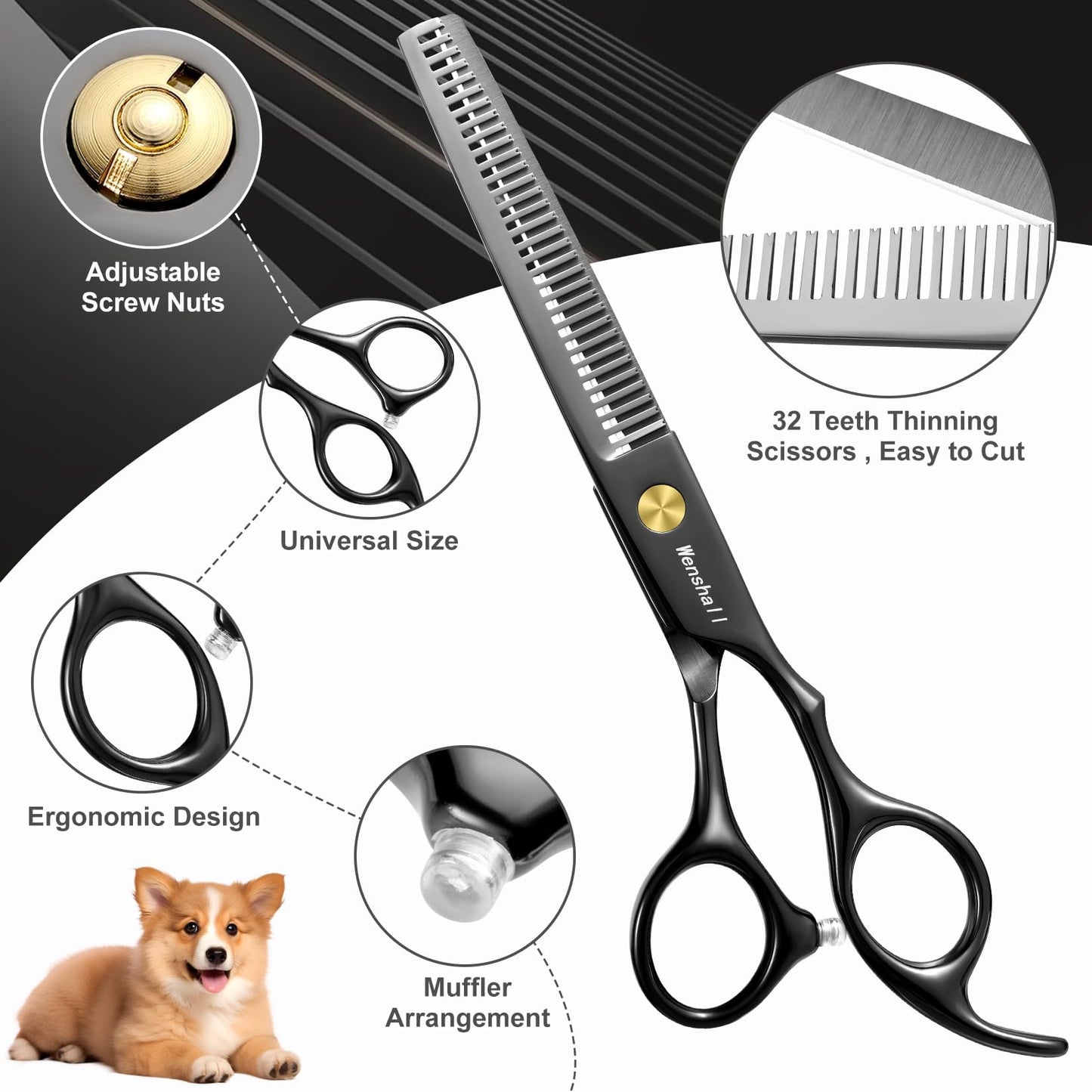 Wenshall Professional Dog Grooming Scissors Set - 6.5" Thinning, 7" Straight, 7" Up-Curved, 7" Down-curved Scissors and Comb for Dog Cat Pet (Black)