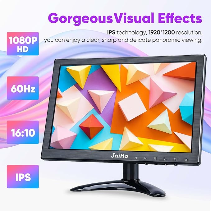JaiHo 10.1 Inch Small IPS Monitor 19201200 Resolution 60Hz HD Display Screen, 16:10 Portable With Built-in Speaker, HDMI for Gaming CCTV Security Camera Raspberry Pi PC
