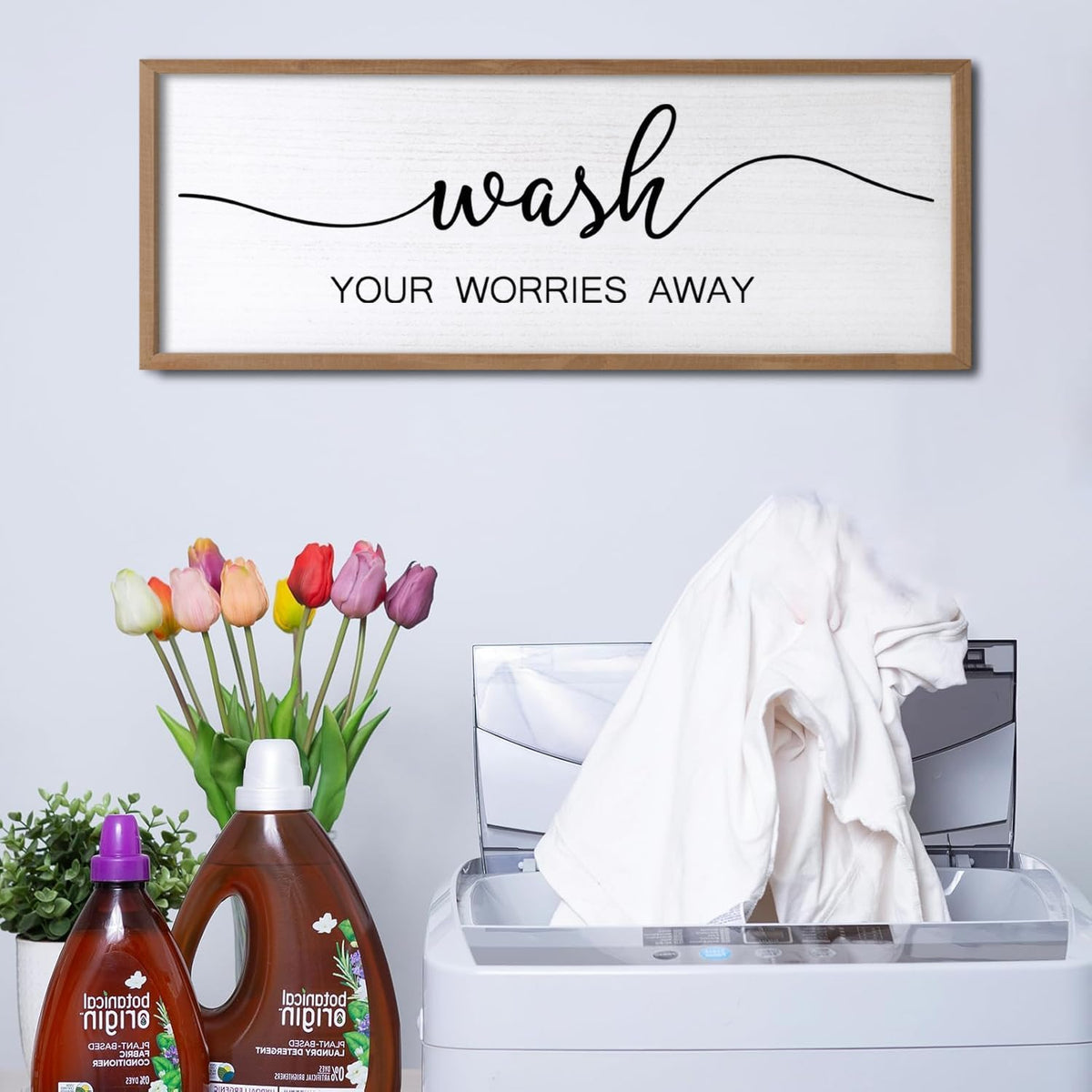 Wash Your Worries Away Wall Art Sign 32"×12" Laundry Room Large Wood Framed Restroom Toilet Wall Decor Hanging (Wood)
