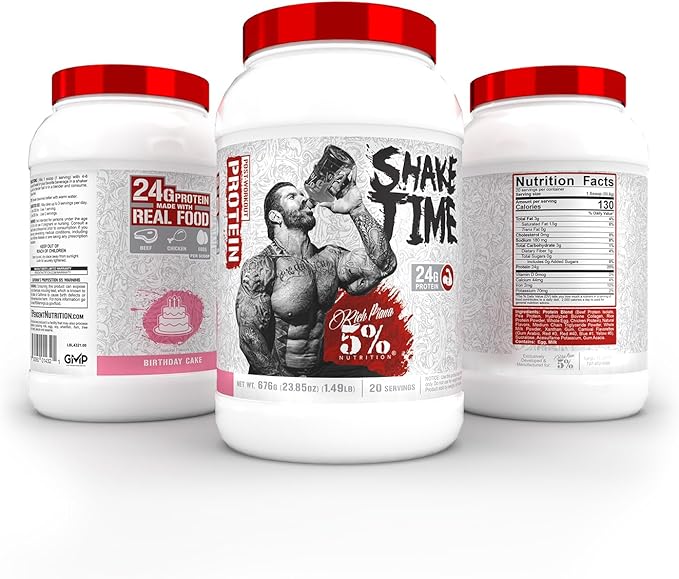 5% Nutrition Rich Piana Shake Time | 24g Animal Based Protein Drink | Grass-Fed Beef, Chicken, Whole Egg (Birthday Cake)