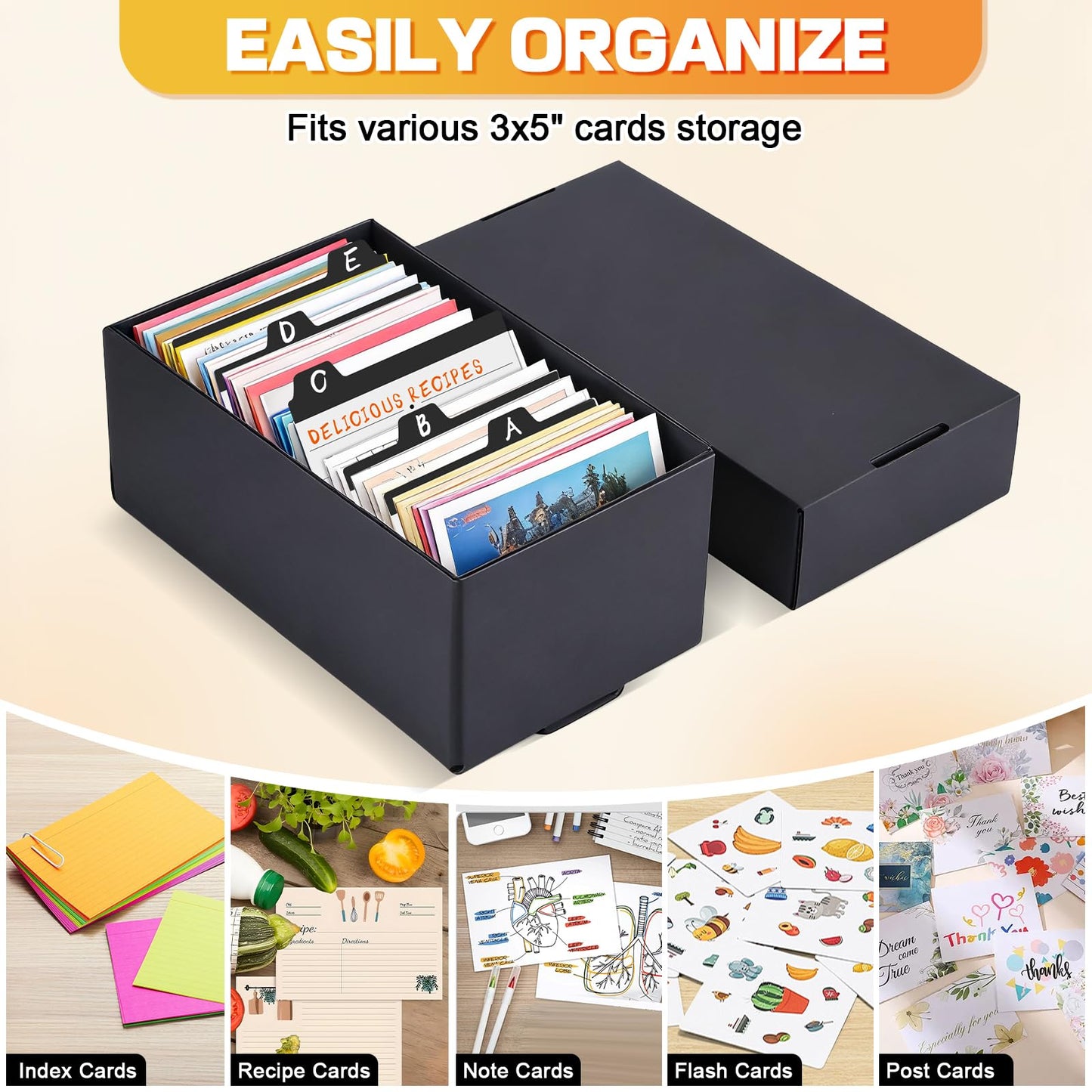 4Pack 3x5 Index Card Holder, Index Card Box Hold 4000 Cards, Flash Card Holder Index Cards Case 3x5 Note Card Organizer File Box Black Index Card Storage Box for 3''x5'' Notecard Flashcard Recipe Card