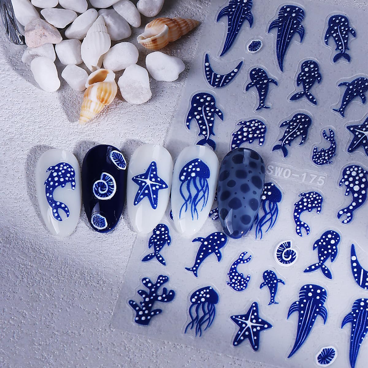 Summer Beach Nail Stickers 8 Sheets - Starfish, Sea Turtle, Palm, Fish & Whale Design, Self-Adhesive Nail Decals for Women, DIY Manicure Supplies