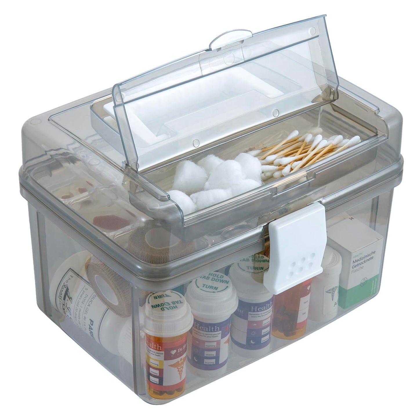 MyGift 10 Inch First Aid Transparent Gray Bin with Clear Removable Tray, Quick Access Lid Flap and Carrying Handle, Portable Emergency Kit, Medical Supply Travel Tote, Medicine Storage Box Container