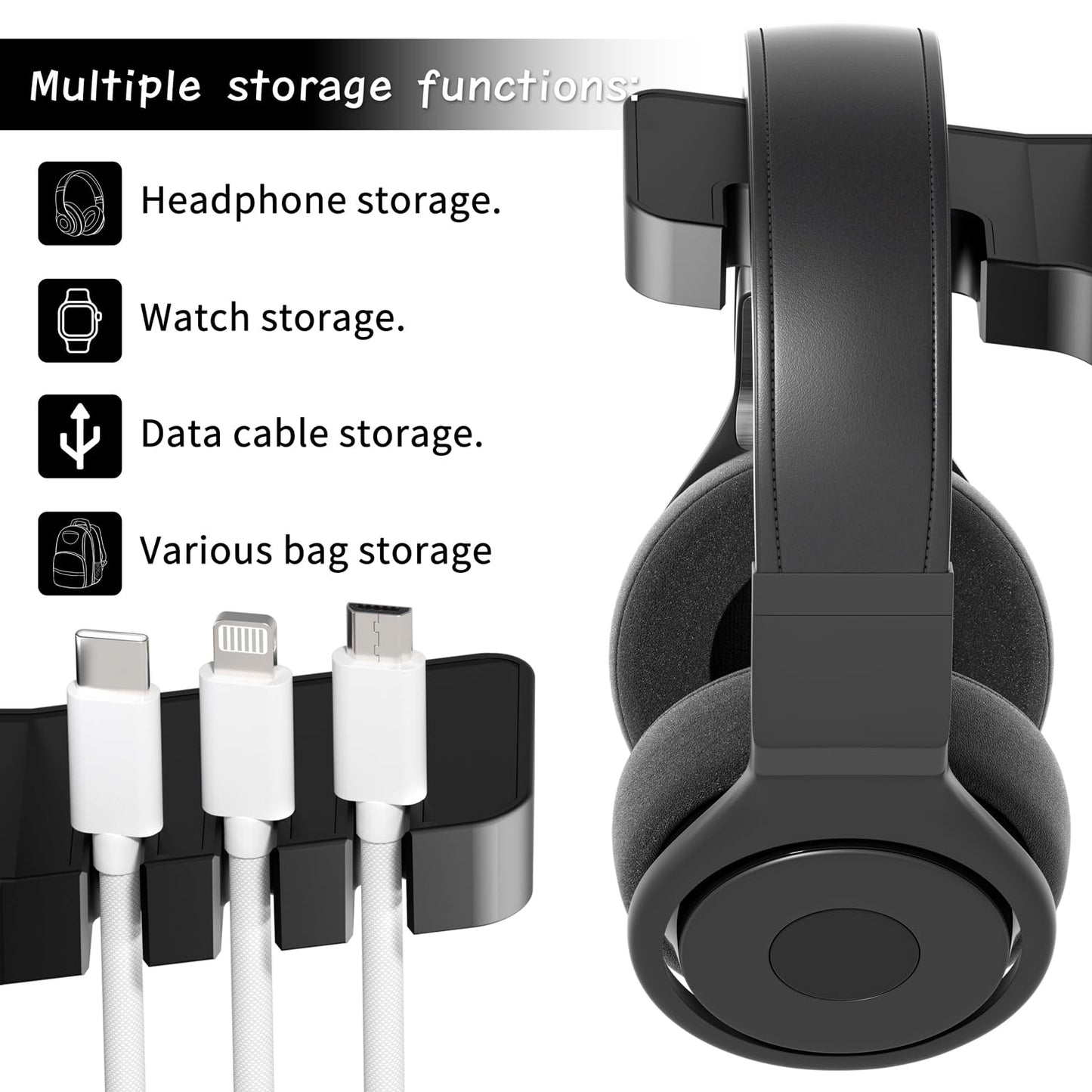 cozoo Headphone Stand with USB Charger Under Desk Headset Holder Mount 3 USB Charging Station,iWatch Stand Watch Dock Dual Earphone Hanger Hook,PC Accessories Gifts,UL Tested