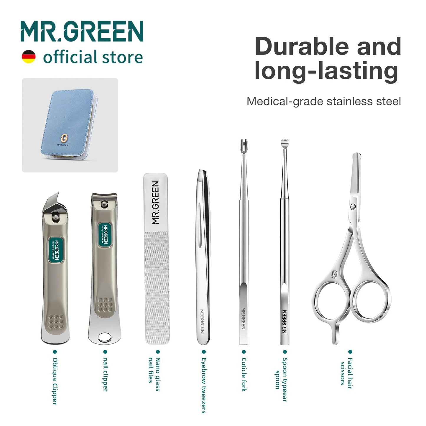 MR.GREEN Fashion Imprint Manicure Sets Professional Nail Clipper Set Personal Care Tool Kits Nial Cutter Gift with Leather Case (Blue(7Pcs Set))